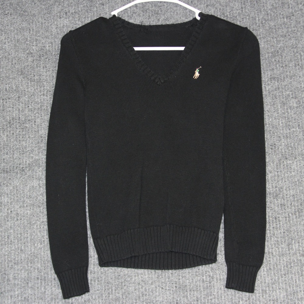 Ralph Lauren Black V Neck Cotton Knit Sweater Kids Small Pony Logo Pullover